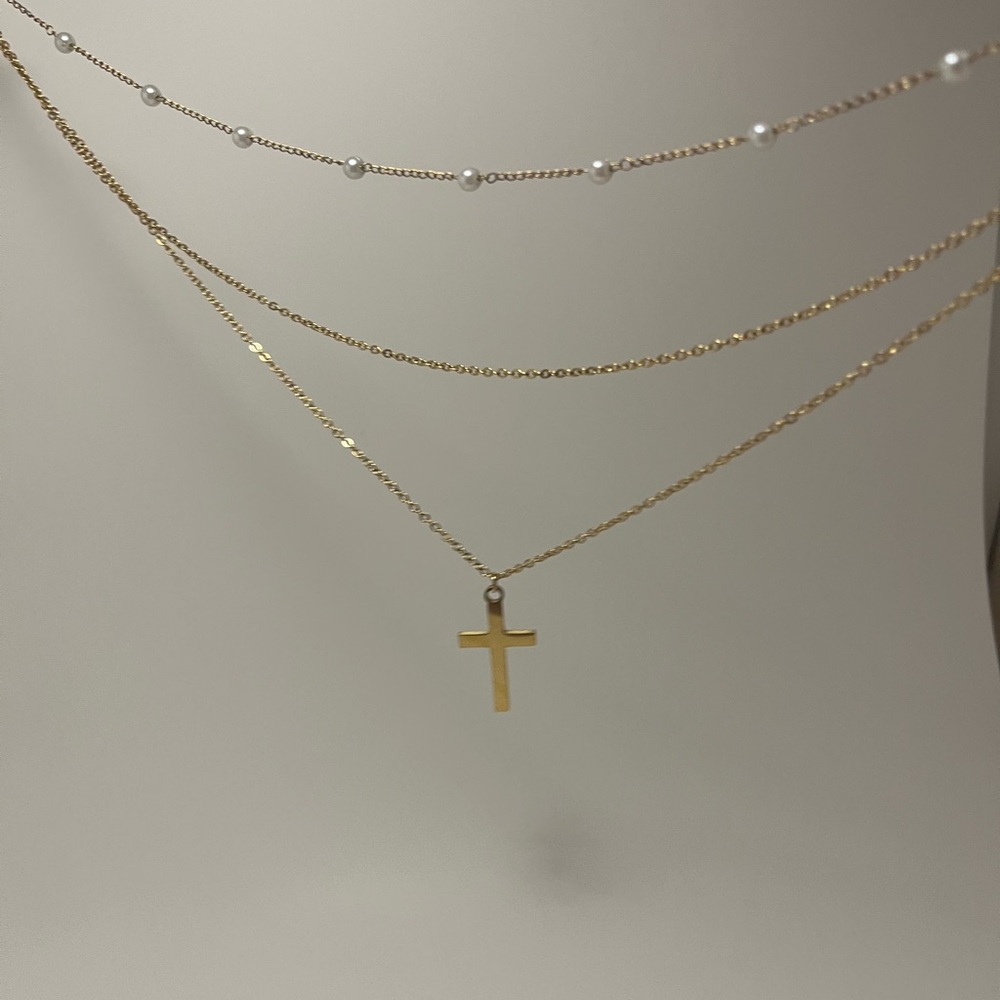 Gold Layered Cross Necklace with Pearl Accent - Picture 3 of 4